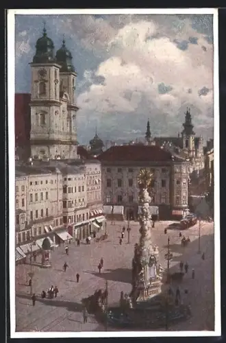 AK Linz a. D., Hauptplatz mit Dreifaltigkeitssäule und Rathaus