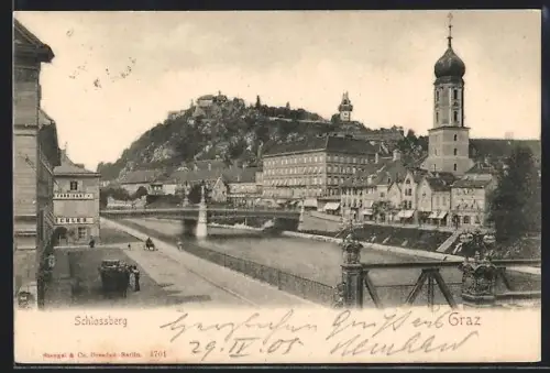 AK Graz, Schlossberg mit Mur und Brücke