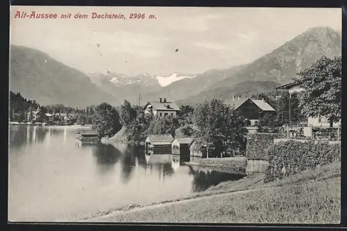 AK Alt-Aussee, Seeufer mit Bootshäusern, Dachsteinpanorama