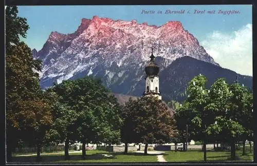 AK Ehrwald i. Tirol, Kirche vor der Zugspitze