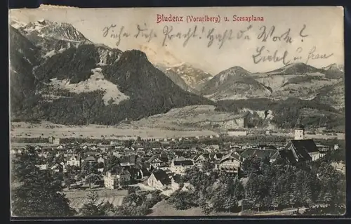 AK Bludenz /Vorarlberg, Panorama mit Kirche und Bergkulisse