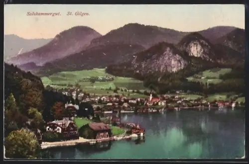 AK St. Gilgen /Salzkammergut, Panorama mit See, Ort und Kirche