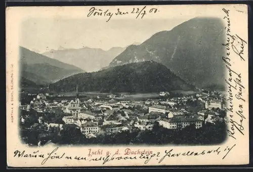 AK Ischl, Ortsansicht mit Kirche und Dachstein