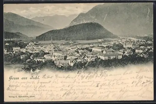 AK Ischl, Ortsansicht mit Kirche und Bergkulisse