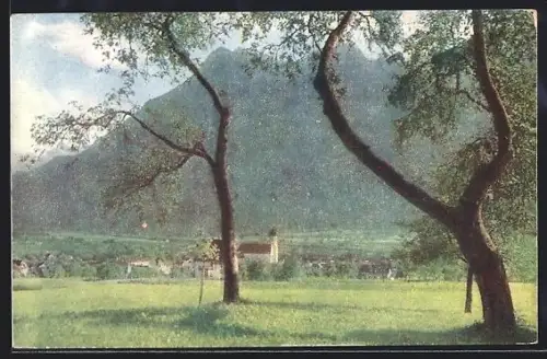 AK Bludenz /Montafon, Panorama mit Kirche und Bergmassiv