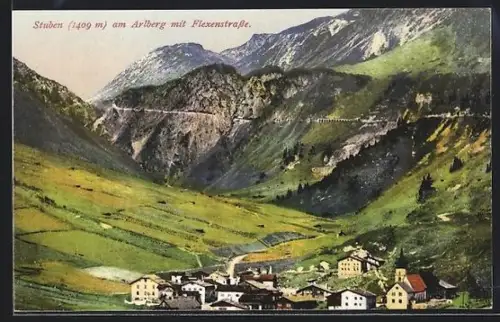 AK Stuben am Arlberg, Flexenstrasse mit Dorf und Gebirgspanorama