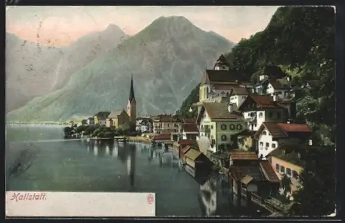 AK Hallstatt, Uferansicht mit Häusern, Kirche und Bergpanorama
