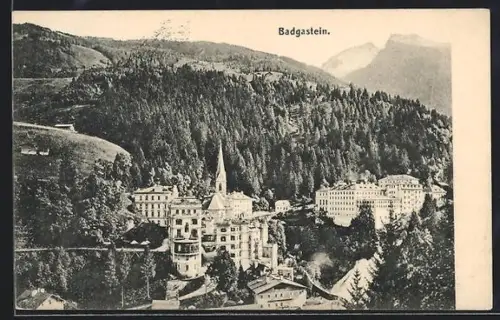 AK Badgastein, Panorama mit Hotels und Kirche