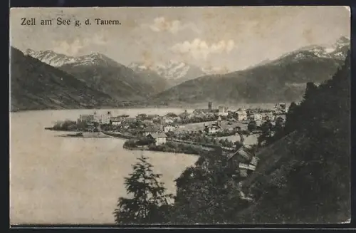 AK Zell am See, Ort am See mit Kirche und Bergpanorama