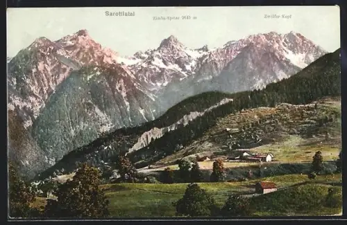 AK Bürs /Vorarlberg, Sarottlatal, Panorama mit Bergen und Gehöften