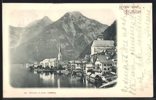 AK Hallstatt, Panorama mit See, Kirche und Gebirgspanorama