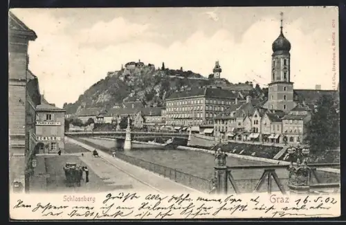AK Graz, Schlossberg mit Mur, Brücke und Stadtansicht