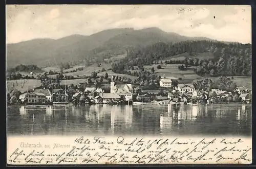AK Unterach am Attersee, Panorama mit See und Kirche
