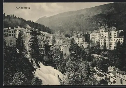 AK Badgastein, Panorama mit Wasserfall und Hotels