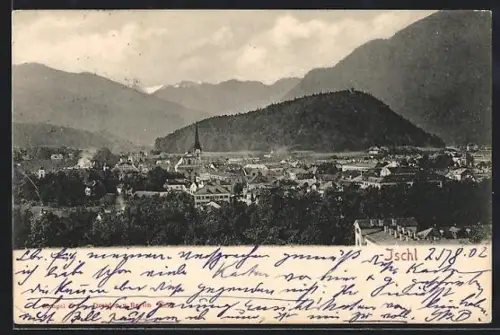 AK Ischl, Panorama mit Kirche und Bergkulisse