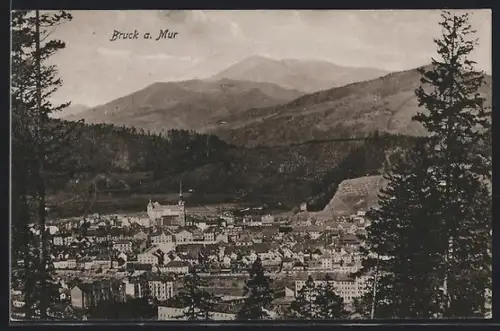 AK Bruck a. Mur, Panorama mit Kirche und Bergen