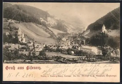 AK Eisenerz, Panorama mit Ort, Kirche und Berglandschaft