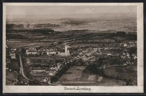 AK Deutsch-Landsberg, Panorama mit Kirche und Bahnlinie