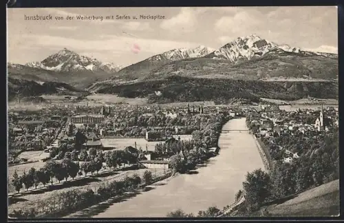 AK Innsbruck, Blick von der Weiherburg mit Serles und Nockspitze