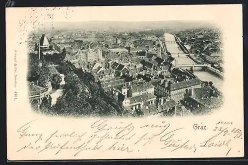 AK Graz, Panorama mit Schlossberg und Murbrücke