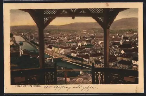 AK Graz, Blick gegen Süden, Stadtpanorama mit Mur und Brücke