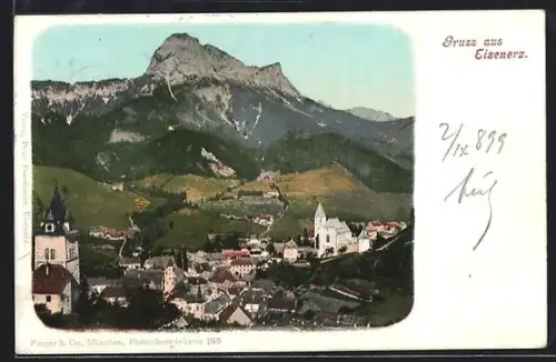 AK Eisenerz, Ortsansicht mit Kirchen und Bergpanorama