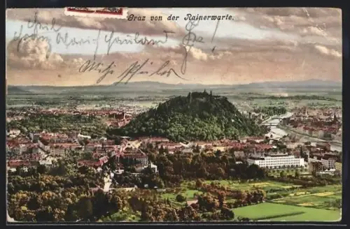 AK Graz, Blick von der Rainerwarte mit Schlossberg und Mur