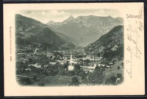 AK Schruns, Panorama mit Kirche und Bergkulisse