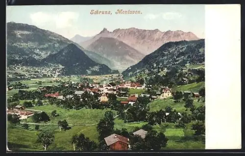 AK Schruns /Montavon, Panorama mit Ort und Gebirgspanorama