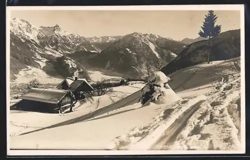 AK Tschengla, Verschneite Almhütten, Bergpanorama
