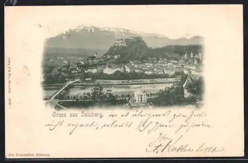 AK Salzburg, Panorama mit Festung Hohensalzburg, Altstadt und Salzach
