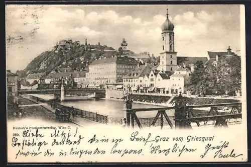 AK Graz, Griesquai mit Murbrücke, Schlossberg und Uhrturm