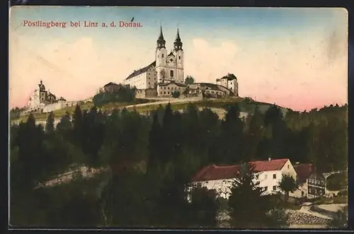AK Pöstlingberg bei Linz a. d. Donau, Basilika auf dem Berg, Panorama mit Ort