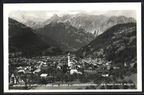 AK Schruns im Montafon, Panorama mit Kirche, Zimba und Vandanserwand