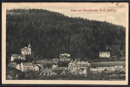 AK Mönichkirchen /N.-Ö., Panorama mit Kirche und Häusern