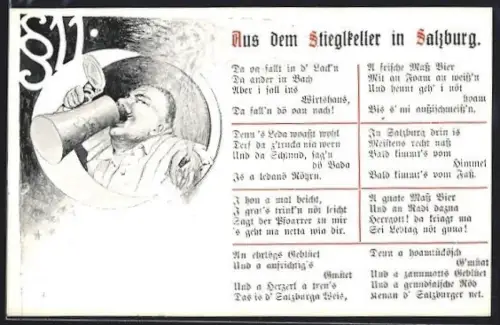 AK Salzburg, Gasthaus Stieglkeller, Trinkender Mann, Liedtext
