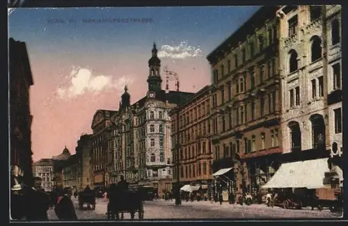AK Wien, Mariahilferstrasse, Strassenansicht mit Geschäftsfassaden, Passanten und Kutschen