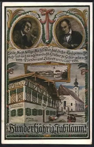 Künstler-AK Oberndorf an der Salzach, 100. Jubiläum Stille Nacht 1918, Porträts von Mohr und Gruber