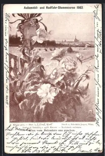 Künstler-AK Wien, Automobil- und Radfahr-Blumencorso 1902, Blick vom Belvedere