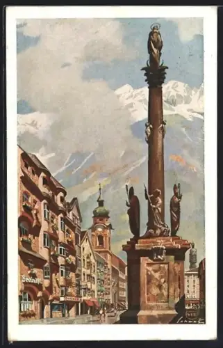 Künstler-AK Innsbruck i. Tirol, Strassenszene mit Mariensäule und Kirchturm