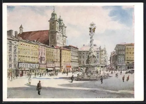 Künstler-AK Linz a. d. Donau, Platz, Säule und Kirche