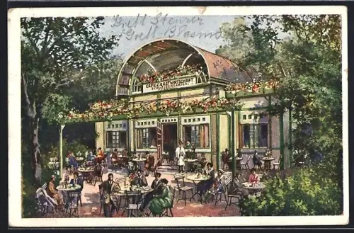 Künstler-AK Wien, Schweizergarten, Café-Gastwirtschaft Franz Brandl