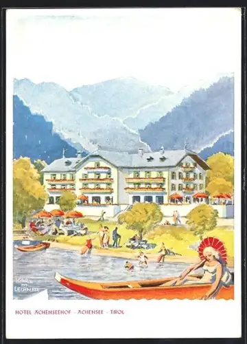Lithographie Achenkirch, Hotel Achenseehof, See und Gebirgspanorama