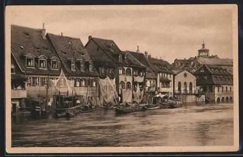 AK Bamberg, Kleinvenedig, Häuser am Fluss, Fischerboote