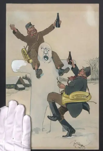 Handzeichnung / Ansichtskarten-Entwurf Fritz Schönpflug, Soldante betrinek sich mit Schneemann