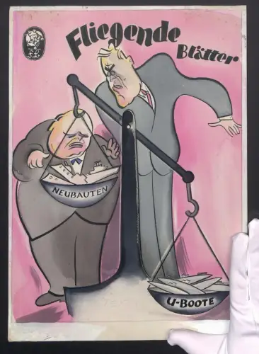 Handzeichnung Max Bauer, München, Fliegende Blätter, Ungleichgewicht zwischen Neubauten und U-Boote