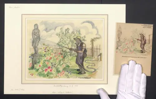 Handzeichnung / Ansichtskarten-Entwurf martin Claus, für Fliegende Blätter, Buntstiftzeichnung 1930, mit original AK