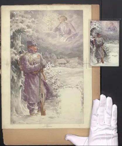 Handzeichnung / Ansichtskarten-Entwurf Kränzle, Wien, Soldat im Winter gedenkt seiner Liebsten, mit original AK