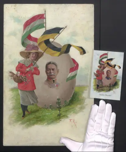 Handzeichnung / Ansichtskarten-Entwurf R. Kratky, Portrait Franz Conrad von Hötzendorf, Ostergrüsse, mit original AK
