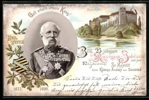 Lithographie Wettin, Portrait von König Albert von Sachsen in Uniform mit Orden, Burg Wettin